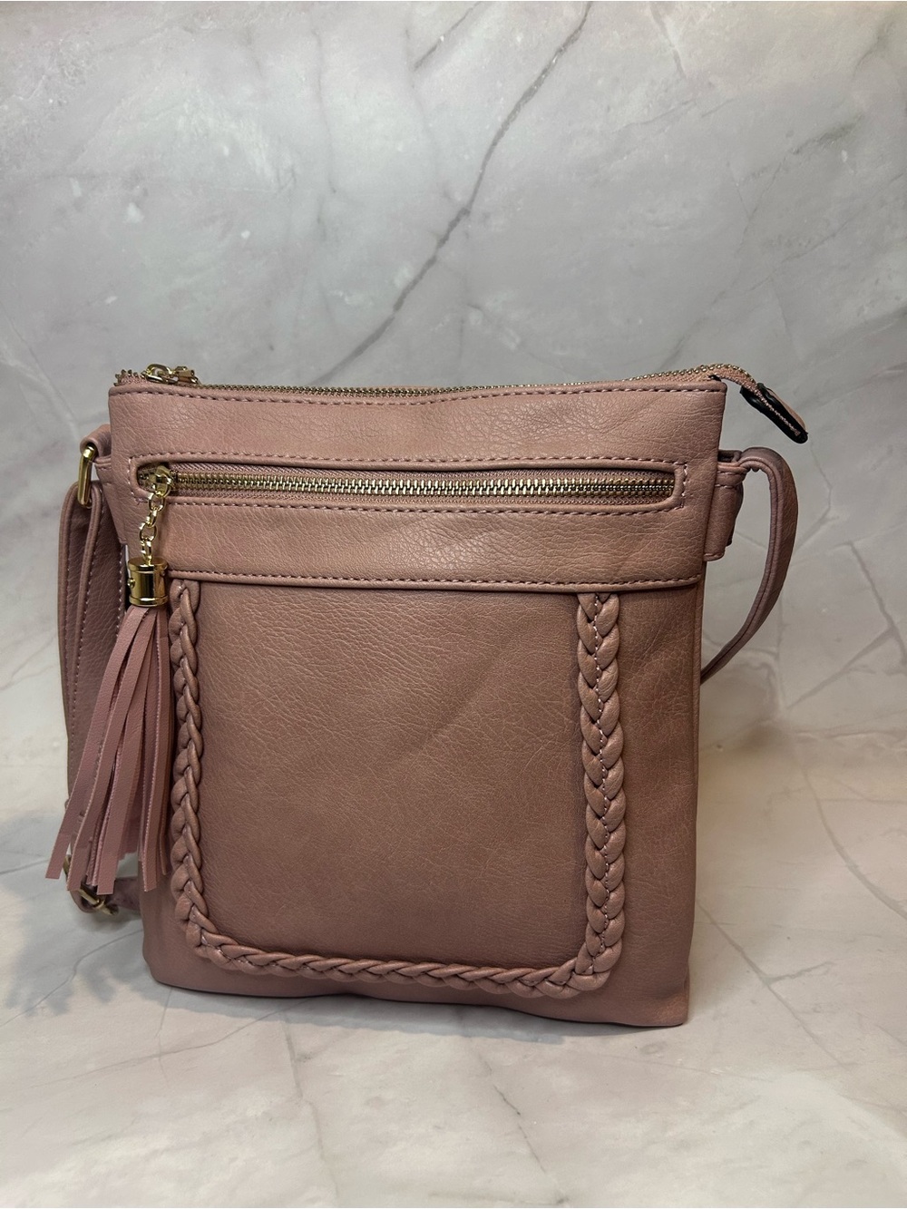 Classic Blush Crossbody Bag with Braided Trim